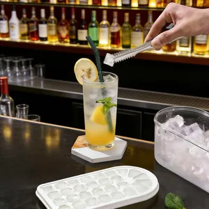 Professional ice cube tray set with storage box and tongs shown in a bar environment