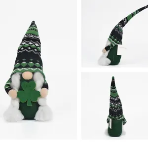 Handcrafted St. Patrick's Day faceless gnome plush toy with green clover and knit hat