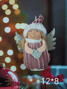 Close-up of a Nordic angel plush ornament with silver wings and a pink striped dress.