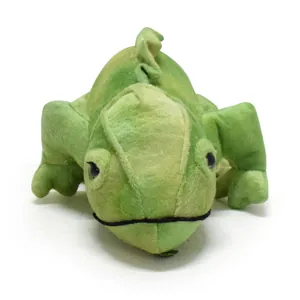 Macro view of green realistic plush lizard stuffed animal with soft fabric details