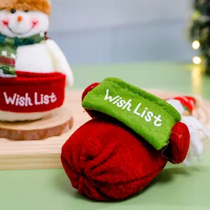 Close-up of festive Christmas snowman plush with embroidered Wish List design detail.