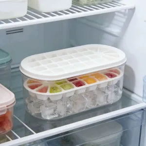 Close-up of a double-layer ice cube mold with clear storage box inside a refrigerator