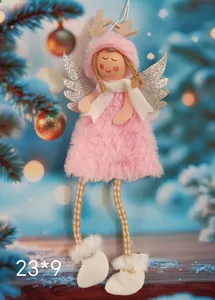 Detailed view of a plush pink Christmas angel ornament with reindeer antlers and silver wings