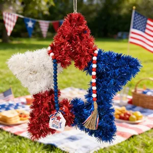 Patriotic Independence Day Star Wreath With Wood Bead Garland July 4th Red White Blue Tinsel Hanging Decoration For Home Party Decor