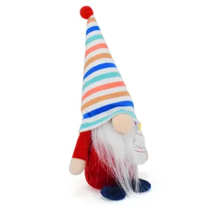 Detailed plush birthday gnome with colorful striped hat and a long white beard decor.