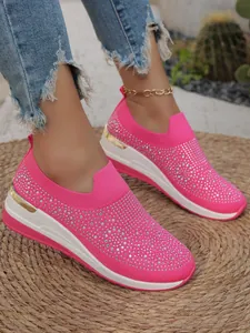 Scarpe con zeppa rosa fucsia con strass luccicanti da donna
