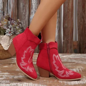 Close-up of red suede pointed-toe ankle boots with white embroidery