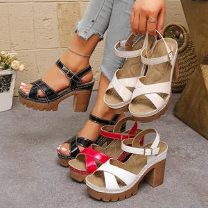 Elegant women's platform chunky heel sandals featuring cross-straps and buckle closures.