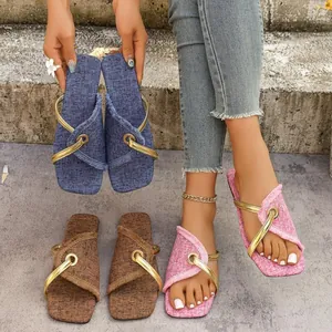 Damen Farbblock Flache Sandalen Eckige Zehe Ausgefranste Denim-Textur Slides Mit Gold-Metallring Sommer Outdoor Casual Strand Schuhe