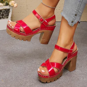 Detailed side view of stylish red platform block heel sandals with cross straps and ankle buckle