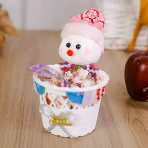 Detailansicht eines weißen gewebten Weihnachts-Schneemann-Geschenkkorbs mit Süßigkeiten