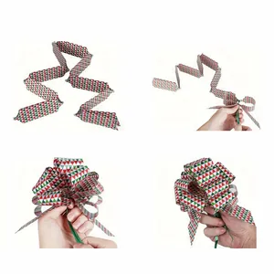 Step-by-step guide for pulling red and green geometric pattern ribbon into a gift bow shape
