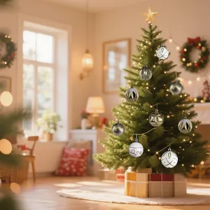 Elegante beschilderde kerstballen hangen aan een versierde boom in een sfeervolle kamer