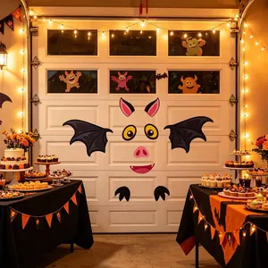 Halloween garage door stickers featuring bat and cute monsters with festive decorations