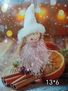 Cute plush angel Christmas tree ornament with white hat and pink body detail, 13x6cm