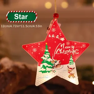 Detailed view of red LED star ornament featuring festive Christmas illustrations