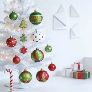 Close-up of vibrant Grinch-style Christmas ball ornaments hanging on a white tree