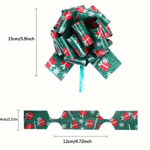 Detail of green Christmas pull bow with dimensions in cm and inches for gift boxes