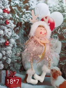 Handmade plush angel girl Christmas tree ornament, pink felt reindeer pendant 18x7cm