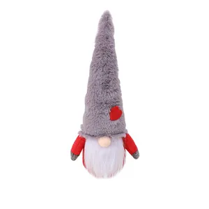 Handmade Nordic Christmas gnome plush doll with a tall grey heart hat for festive table decor
