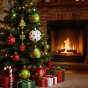 Festive 6cm Grinch-style Christmas ball ornaments hanging on a tree by a fireplace.