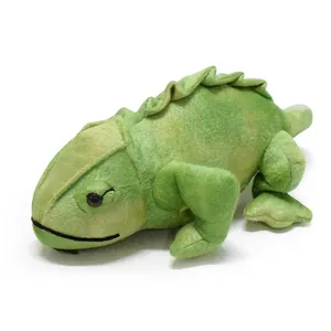 Side view of a realistic green chameleon plush toy with soft texture and spinal ridge