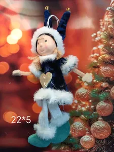 Detail of plush Christmas angel doll hanging ornament with blue velvet and white fur.