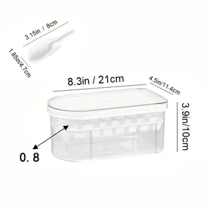 Large capacity press type ice cube mold storage box with lid and scoop size details