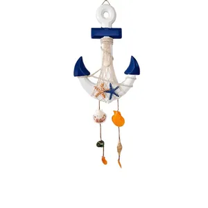 Nautical Mediterranean wooden anchor wall hanging with seashells and starfish decor