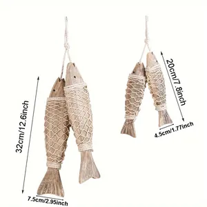Detailed size specifications for rustic Mediterranean wooden fish wall hanging décor