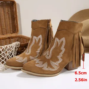 Brown suede western pointed-toe ankle boots featuring 6.5cm block heel and fringe