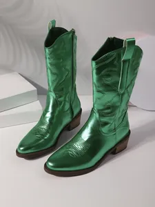 Metallic green pointed-toe mid-calf boots with chunky heel and western embroidery