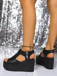 Black platform wedge sandals for women with stylish side zipper and peep toe design
