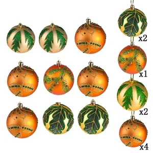 Set di 9 palline di Natale dipinte da 8 cm con motivi festivi di foglie oro e arancio