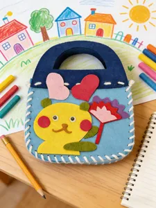 Detail view of a colorful DIY non-woven felt bag for kids with cute cartoon animal design.