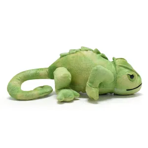 Side view of realistic green chameleon plush toy showing soft texture and detail