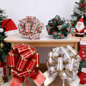 Detail view of assorted Christmas ribbon pull bows with festive patterns