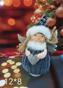 Detail of plush Christmas angel doll with silver wings and white furry hat