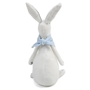 Detailed rear view of a rustic linen Easter bunny ornament with a light blue scarf
