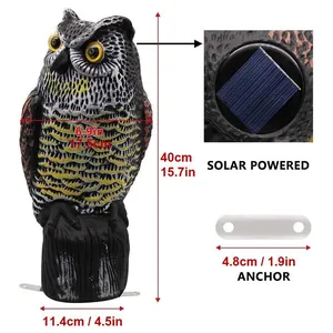 Detailed solar owl garden decoy dimensions with 40cm height and solar panel view