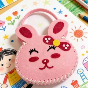 Primer plano de un bolso de conejo de fieltro rosa hecho a mano para niños con detalles DIY