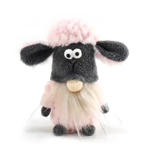 Detailed view of a cute pink plush sheep gnome holiday ornament with long white beard
