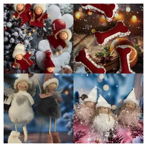 Festliche Kollektion von Weihnachtsbaumschmuck mit Plüsch-Engeln und roten Stoffknochen.