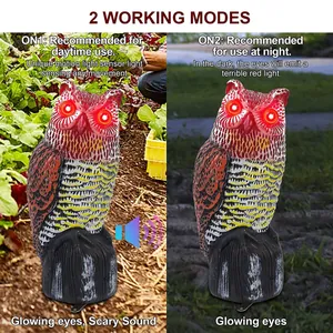 Functional detail of solar owl decoy with glowing red eyes and scary sound modes