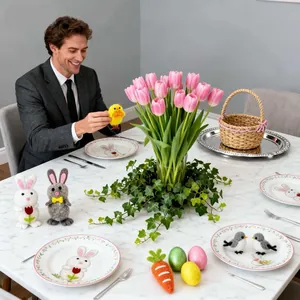 Set di decorazioni pasquali con coniglietti in feltro e uova su tavola festiva