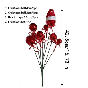 Red Christmas ball and heart pick with Santa hat, 42.5cm height detail view