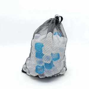 Reusable blue and white plastic ice cubes stored in a black mesh drawstring bag