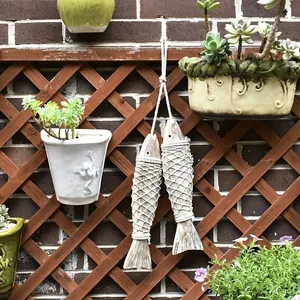 Rustic mediterranean style wooden fish wall hanging decorations with white rope net