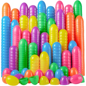 Detail view of bulk colorful plastic Easter eggs in vibrant pink, blue and yellow