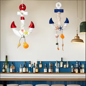 Handmade Mediterranean wooden anchor wall hangings with shells and starfish decor